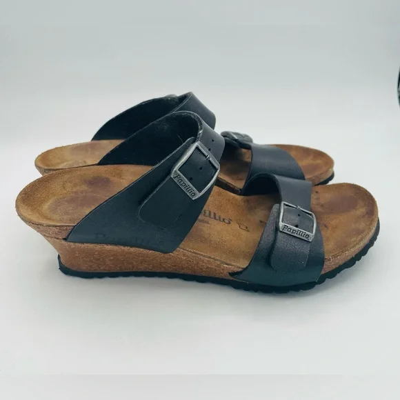 Women’s Birkenstock Papillio Black Leather Sandals Wedges EU 39 US 8-8.5 Comfort - Picture 3 of 8
